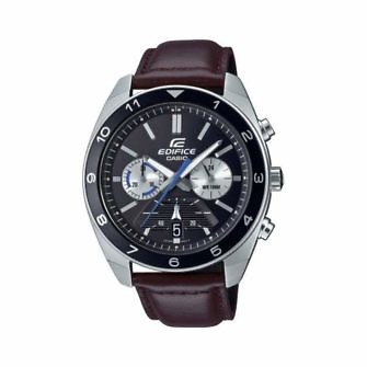 Reloj Edifice esfera negra y correa de cuero marrón