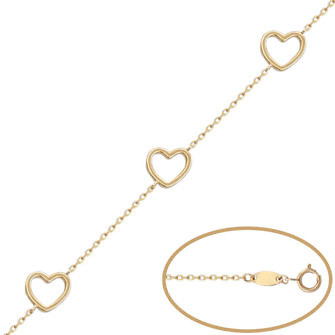 Pulsera con 3 corazones en oro de 18 Kl
