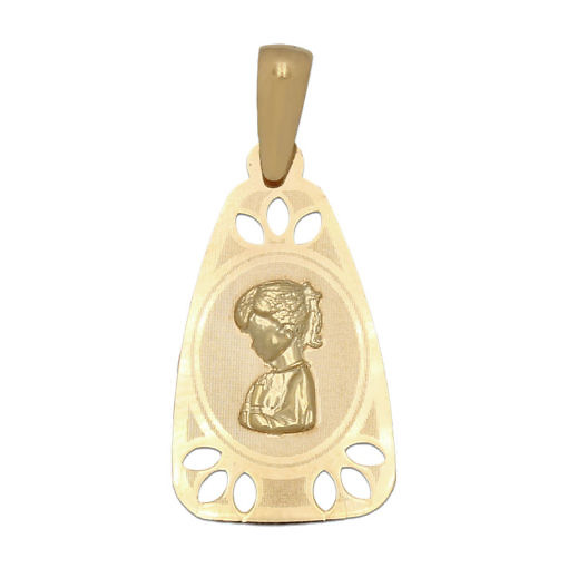Medalla triangular de la Virgen Niña en Oro de 18 Kl. con cerco calado.