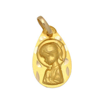 Medalla Virgen Niña en oro de 18 Kl en forma de pera (11x18mm)