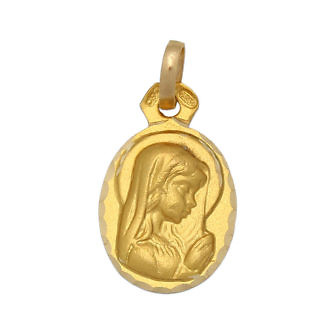 Medalla Virgen Niña de oro de 18 Kl de forma ovalada y borde tallado.