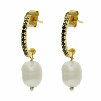 Aros en Plata chapada en Oro con circonitas negras + perlas.