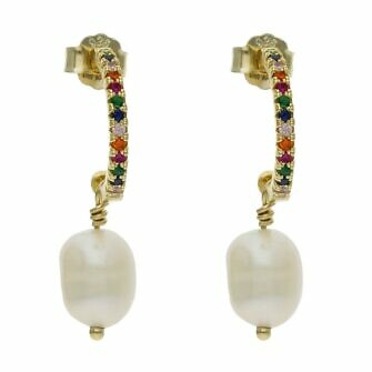 Aros en Plata chapada en Oro con circonitas multicolor + perlas.