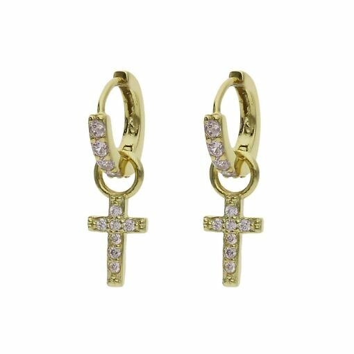 Aros en Plata chapada en Oro con cruces con circonitas rosas.