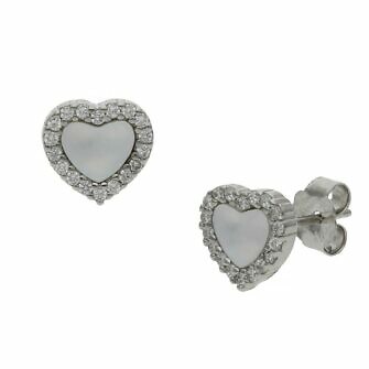 Pendientes corazón en Plata de Ley de 925mm con piedra nácar y cerco de circonitas.