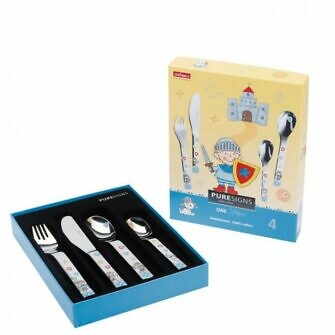 Cubiertos infantiles de acero inoxidable set cuchara tenedor cuchillo cucharilla caballero espada para niño LU6089 colores estuche