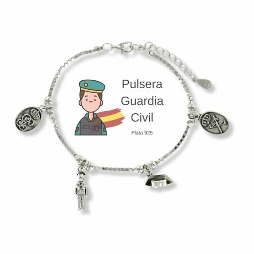 Pulsera Guardia Civil Mujer Plata Pulsera de la Guardia Civil para mujer en plata de ley con abalorios representativos. Escudo, tricornio, mujer guardia Civil