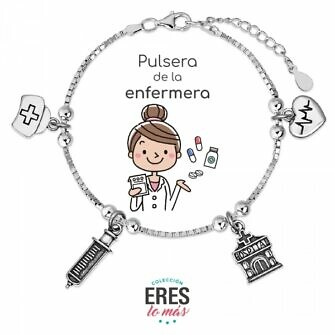 Pulsera de la Enfermera en plata de ley con abalorios jeringuilla maletín hospital y corazón