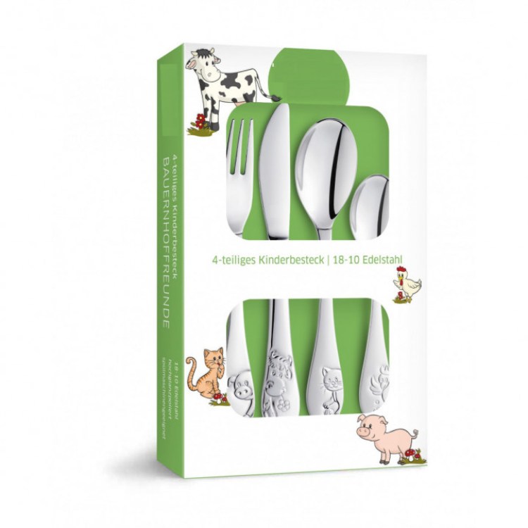 Set 4 cubiertos infantil animales granja acero inoxidable