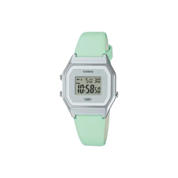 Reloj Casio Vintage LA680WEL-3EF rectangular verde con correa textil | icono retro femenino