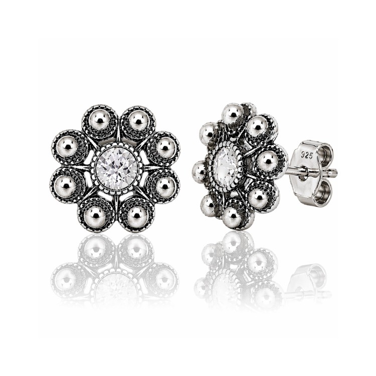 Pendientes botón charro plata cristal color S1073B Blanco