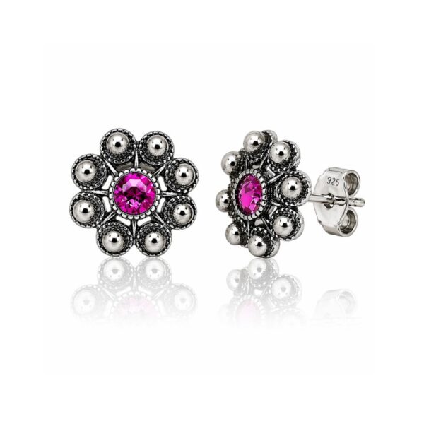 Pendientes botón charro plata cristal color S1073B Fucsia