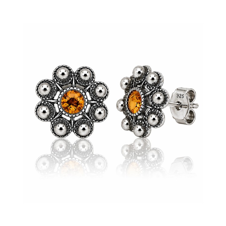 Pendientes botón charro plata cristal color S1073B Naranja ambar