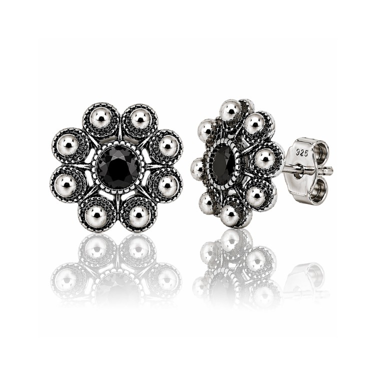 Pendientes botón charro plata cristal color S1073B Negro