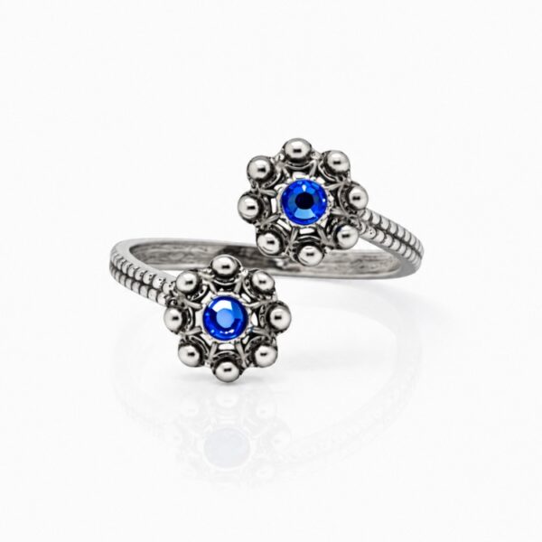 Anillo dos botones charros crsital color sortija charra plata S1567 abierto Azul