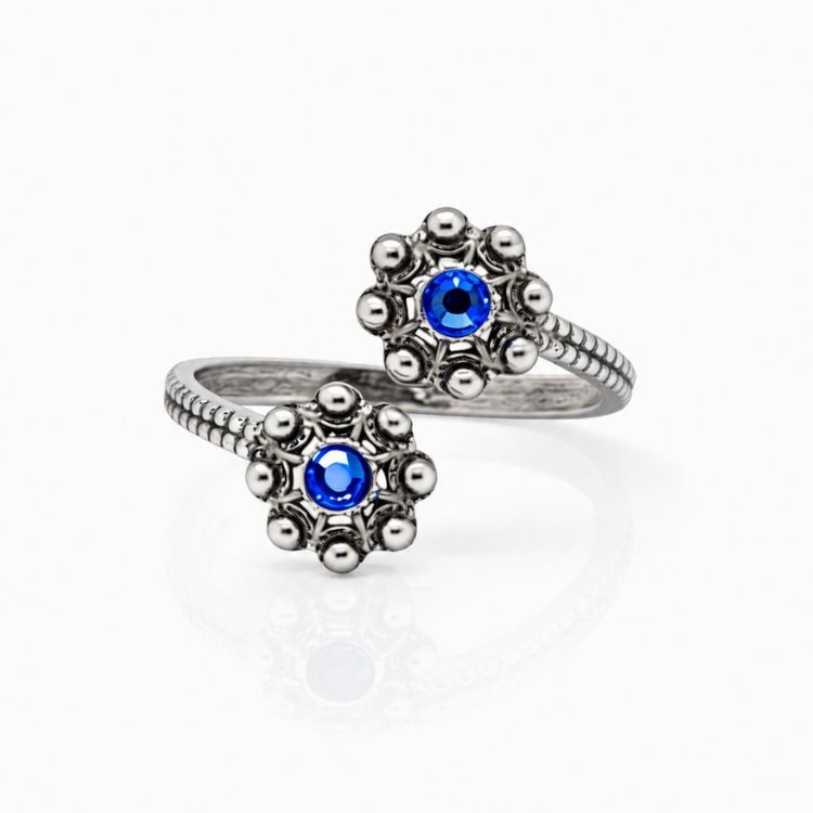 Anillo dos botones charros crsital color sortija charra plata S1567 abierto Azul