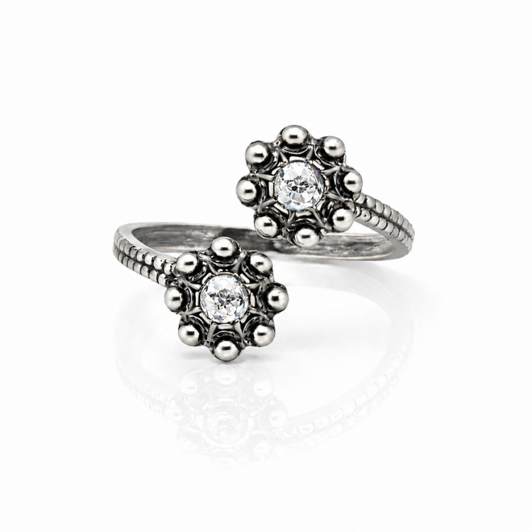Anillo dos botones charros crsital color sortija charra plata S1567 abierto Blanco
