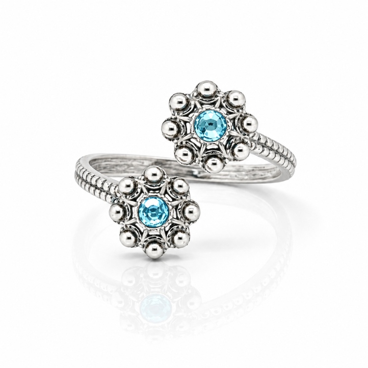 Anillo dos botones charros crsital color sortija charra plata S1567 abierto Celeste