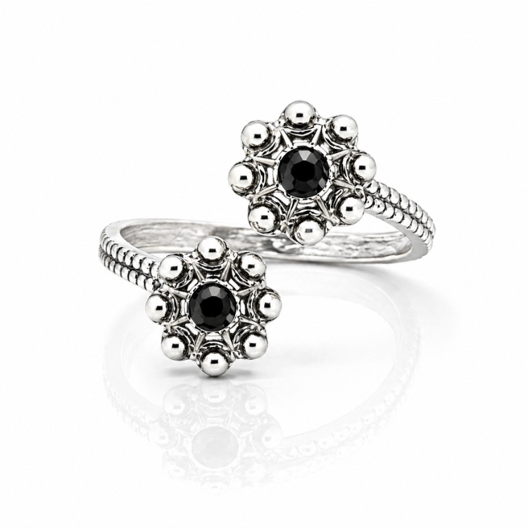 Anillo dos botones charros crsital color sortija charra plata S1567 abierto Negro