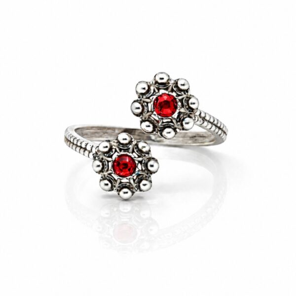 Anillo dos botones charros crsital color sortija charra plata S1567 abierto Rojo