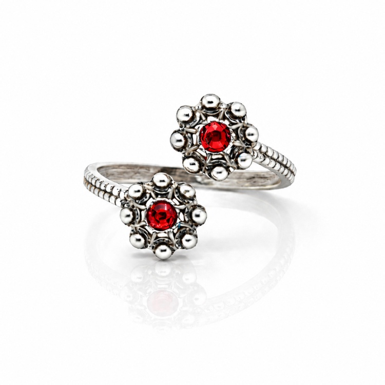 Anillo dos botones charros crsital color sortija charra plata S1567 abierto Rojo