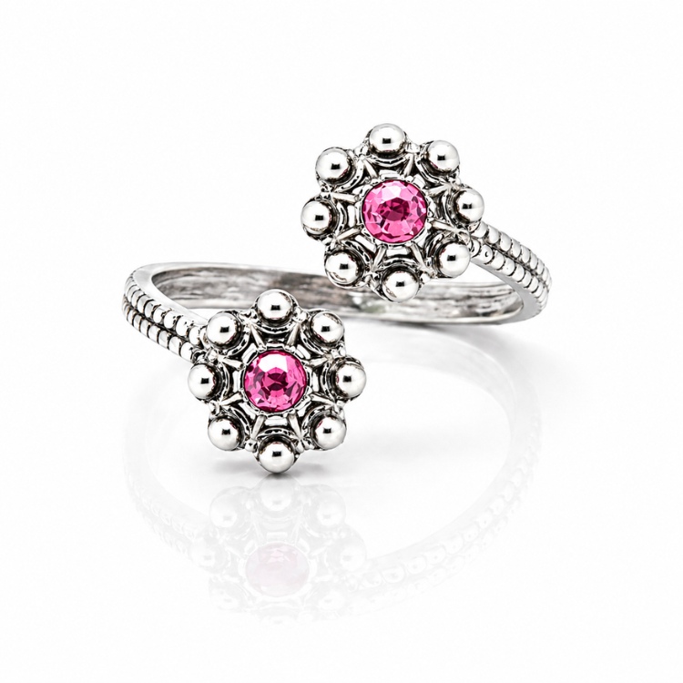 Anillo dos botones charros crsital color sortija charra plata S1567 abierto Rosa