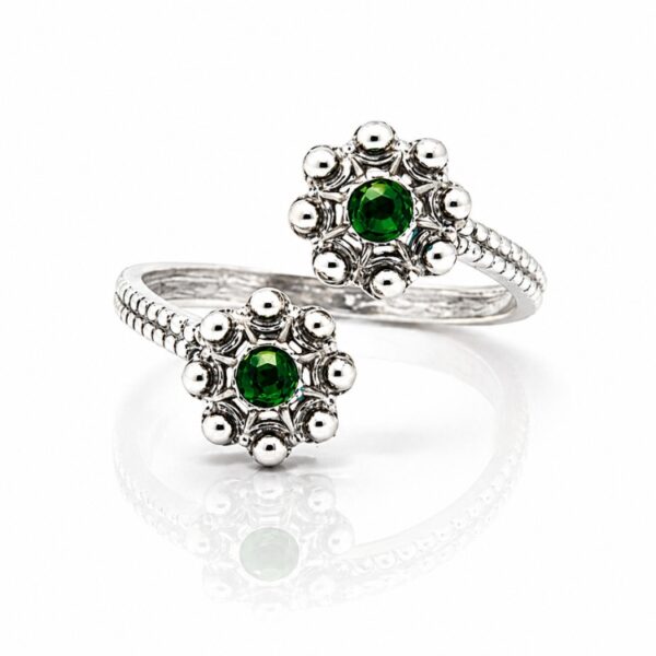 Anillo dos botones charros crsital color sortija charra plata S1567 abierto Verde