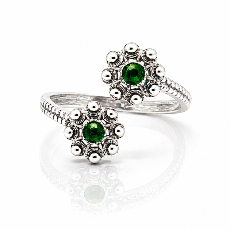 Anillo dos botones charros crsital color sortija charra plata S1567 abierto Verde