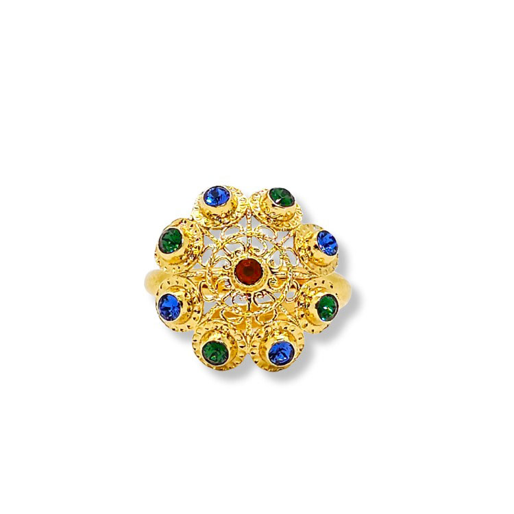 Anillo Charro Dorado Multicolor plata de ley bañado en oro de 18 k con cristales de color azul verde y rojo