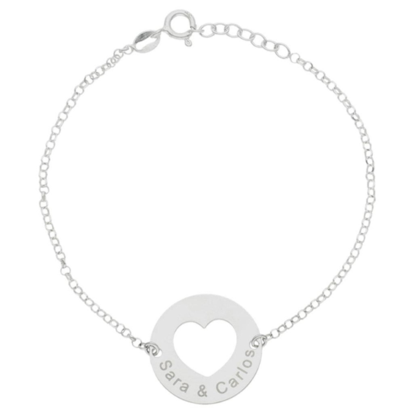 Pulsera con placa circular y un corazón personalizable plata amor pareja