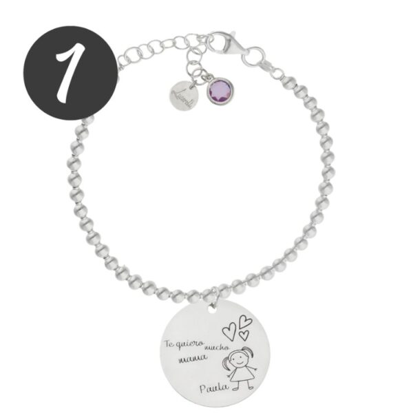 Pulsera de bolas Mi Pequeño Picasso personalizada con el dibujo de tu hijo en plata de ley