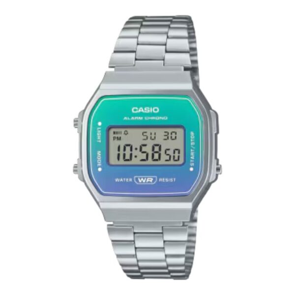 Reloj-Casio-Vintage-A168WER-2AEF-Digital-Plateado-con-Esfera-Degradada-Azul-Icono-Retro